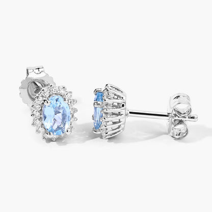 0.80 Ct Oval Blue Aquamarine & Lab Diamond Prong Silver Halo Basket Stud Earrings