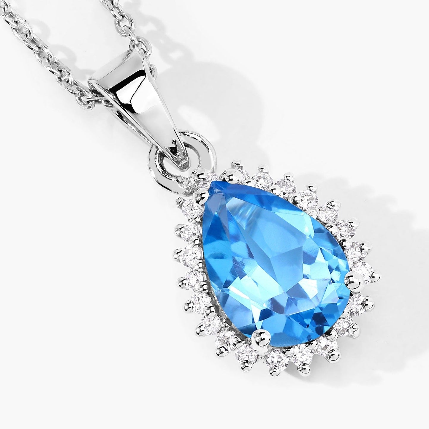 1.90 Ct pear Swiss Blue Topaz and Lab Diamond prong Silver Halo teardrop pendant Necklace