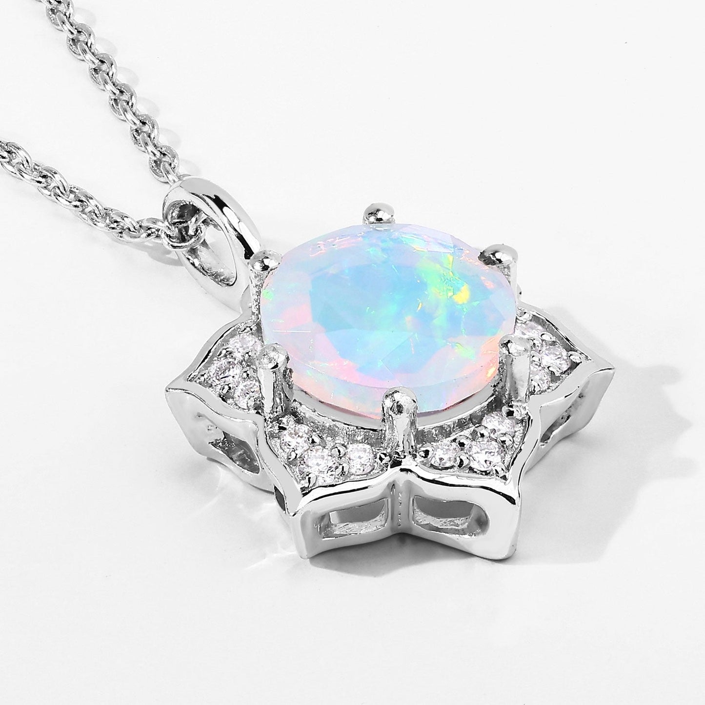 0.90 Ct round white Ethiopian Opal and Lab Diamond prong Silver flower pendant Necklace