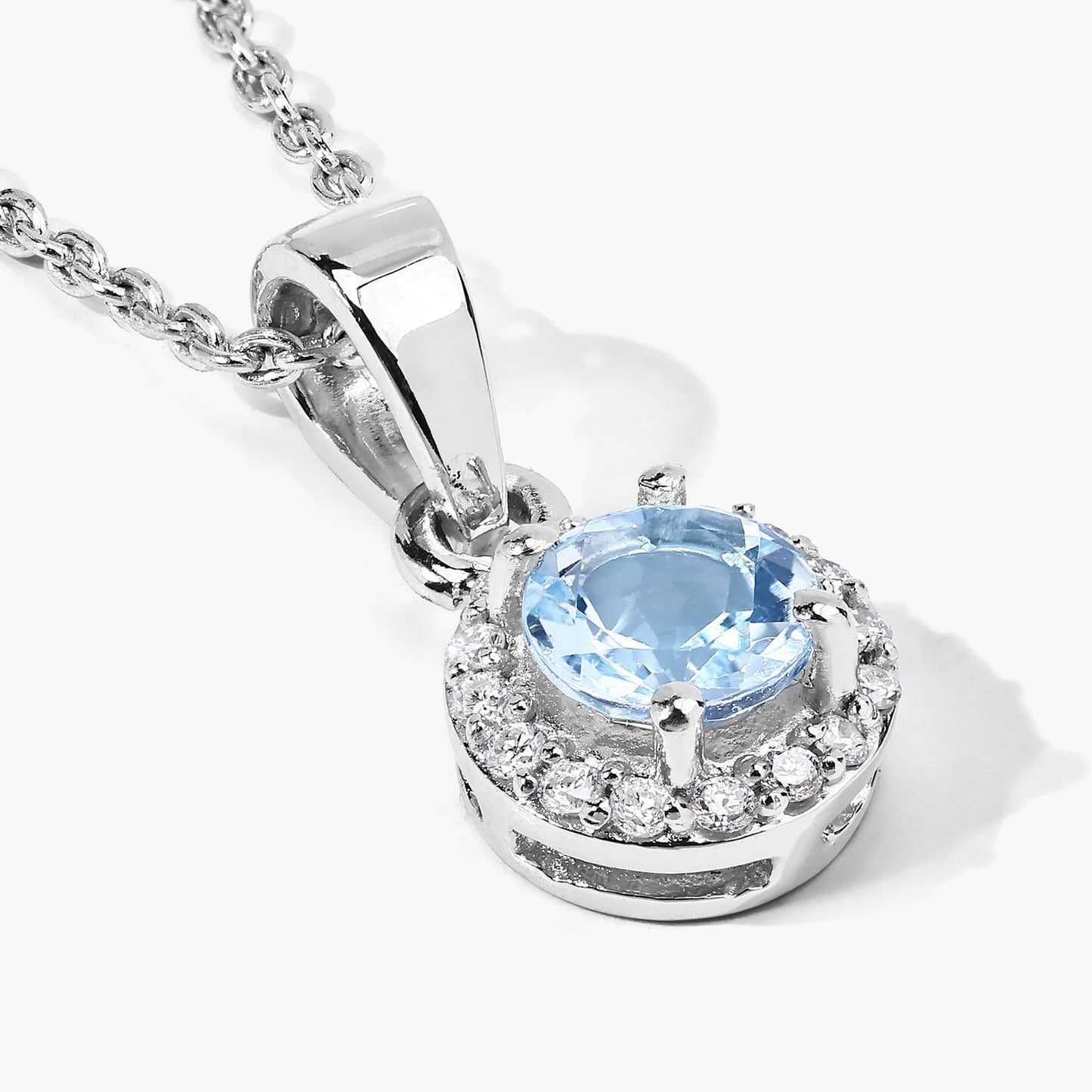 0.38 Ct round blue Aquamarine & Lab Diamond prong Silver Halo pendant Necklace