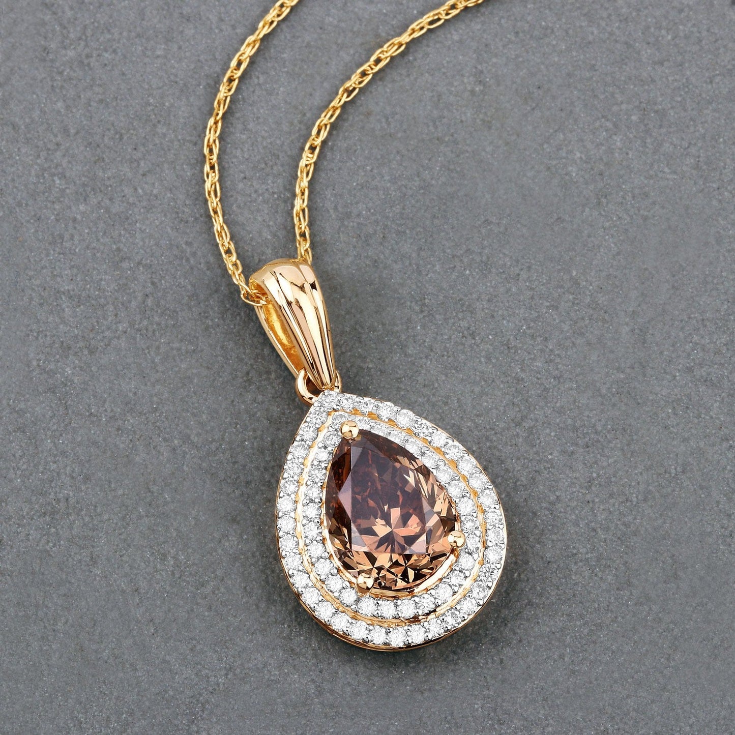 2.01 Ct Genuine Pear Brown Diamond  18K Yellow Gold Statement Pendant