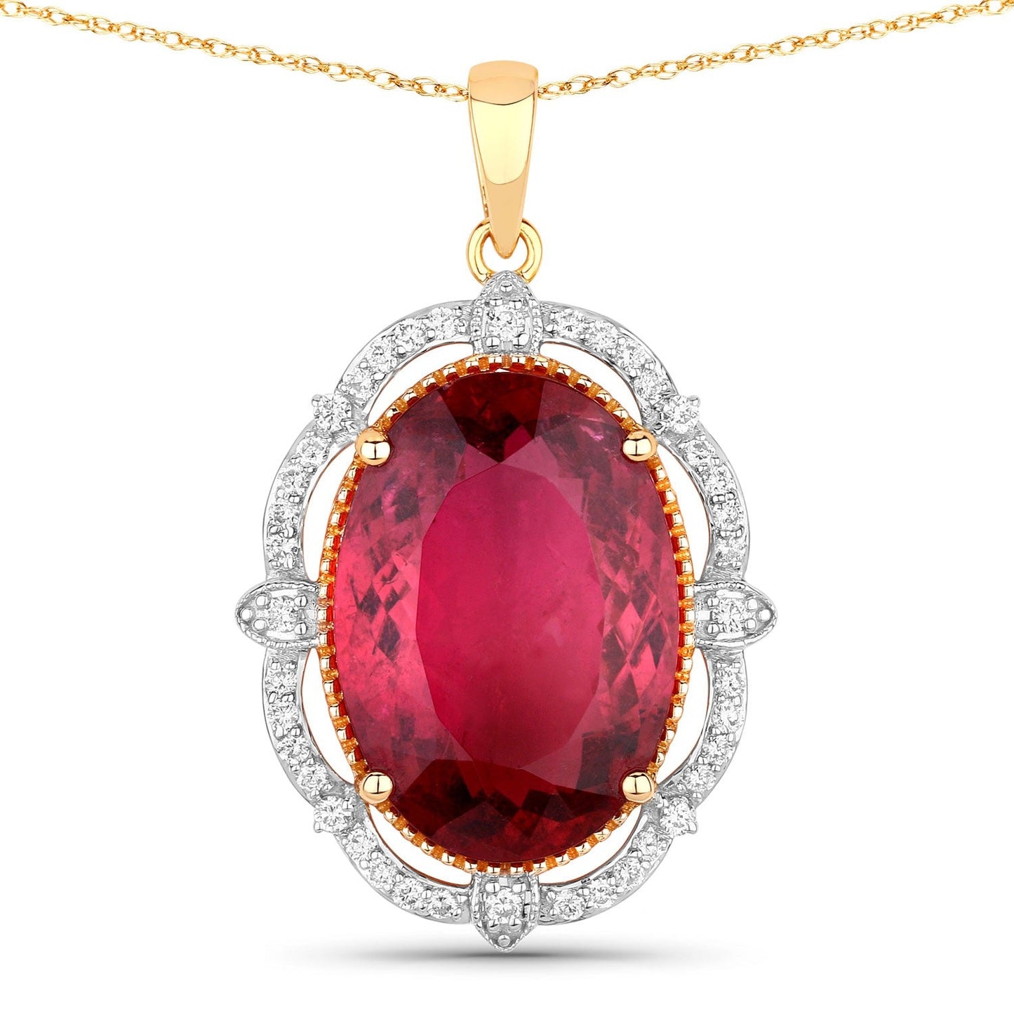 Genuine Rubellite and White Diamond 14K Yellow Gold Oval Pendant