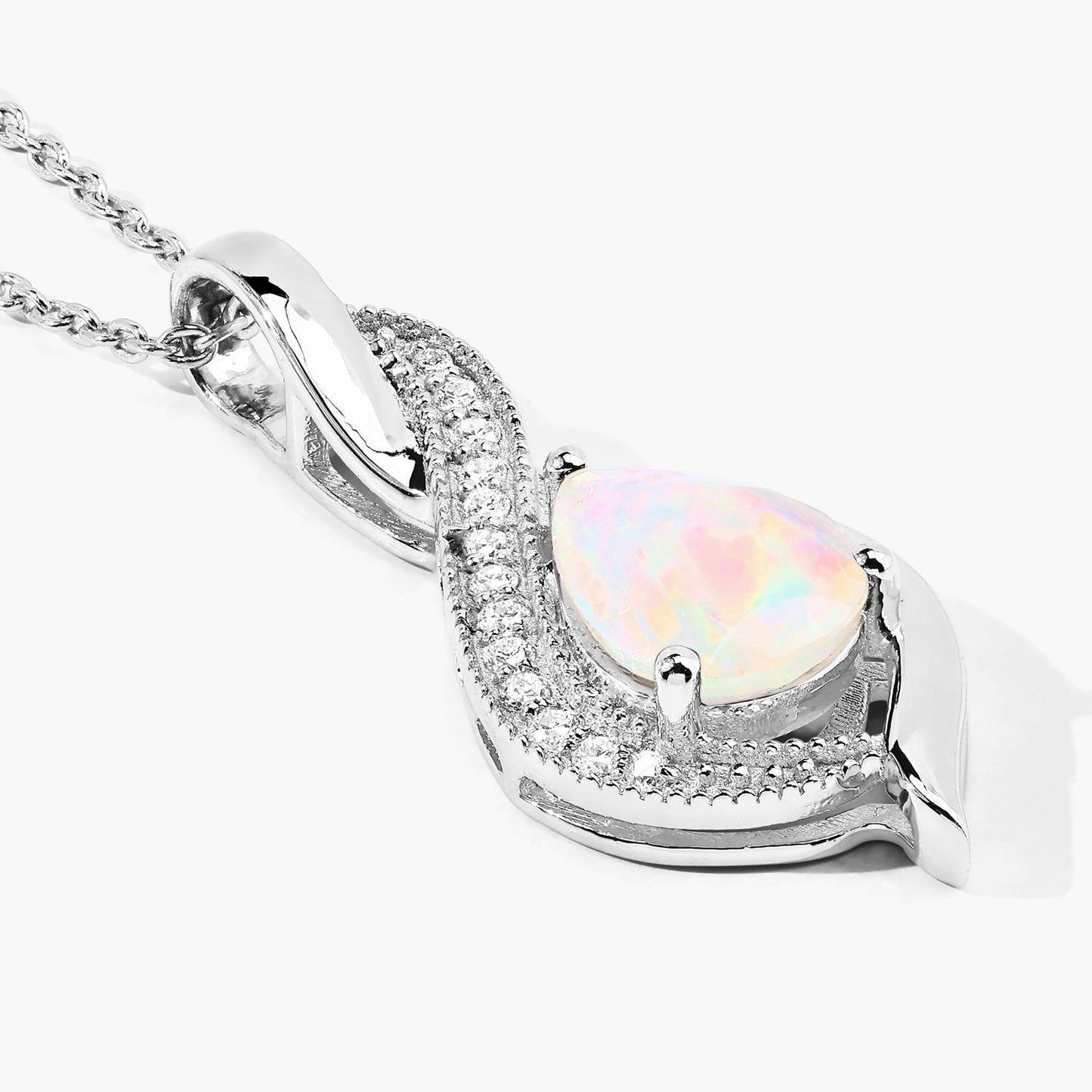 0.90 Ct Pear White Ethiopian Opal & Lab Diamond Prong Silver Teardrop Crossover Pendant Necklace