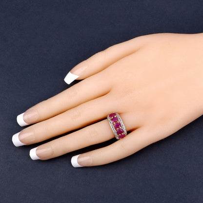 1.50 Ct Oval Pink Ruby & Diamond Prong Silver Five Stone Halo Ring