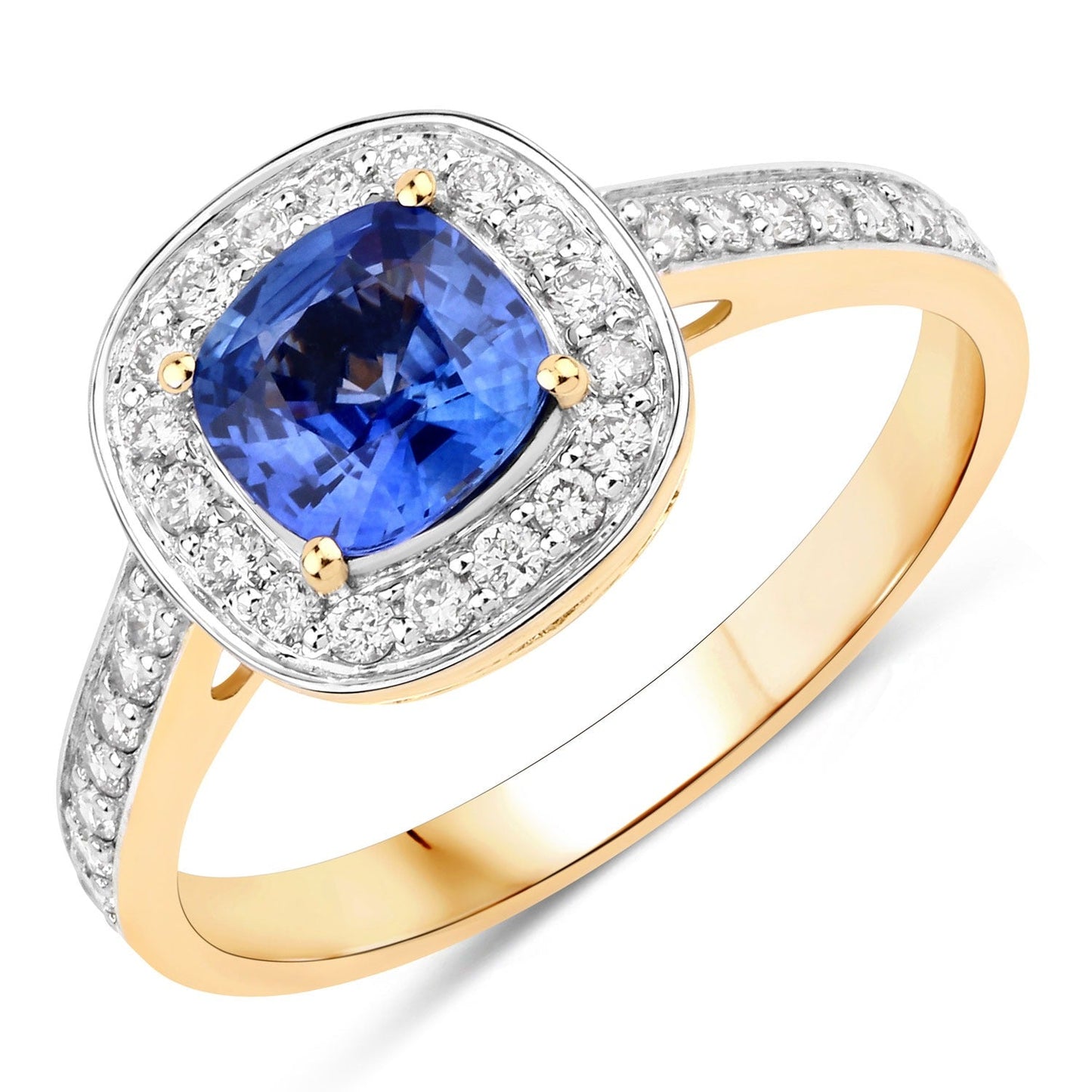 1.31 Ct Cushion Blue Sapphire and White Diamond Prong 18K Yellow Gold Halo Pave Bridge Ring