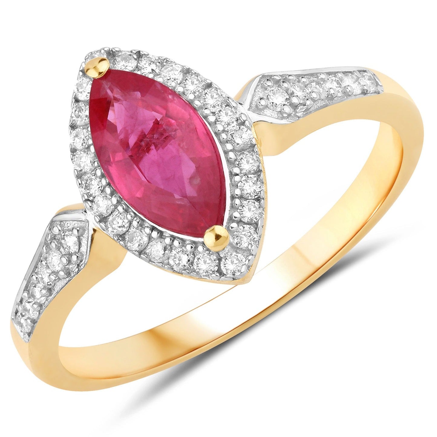 0.79 Ct Marquise Pink Ruby & White Diamond Prong 14K Yellow Gold Halo Ring
