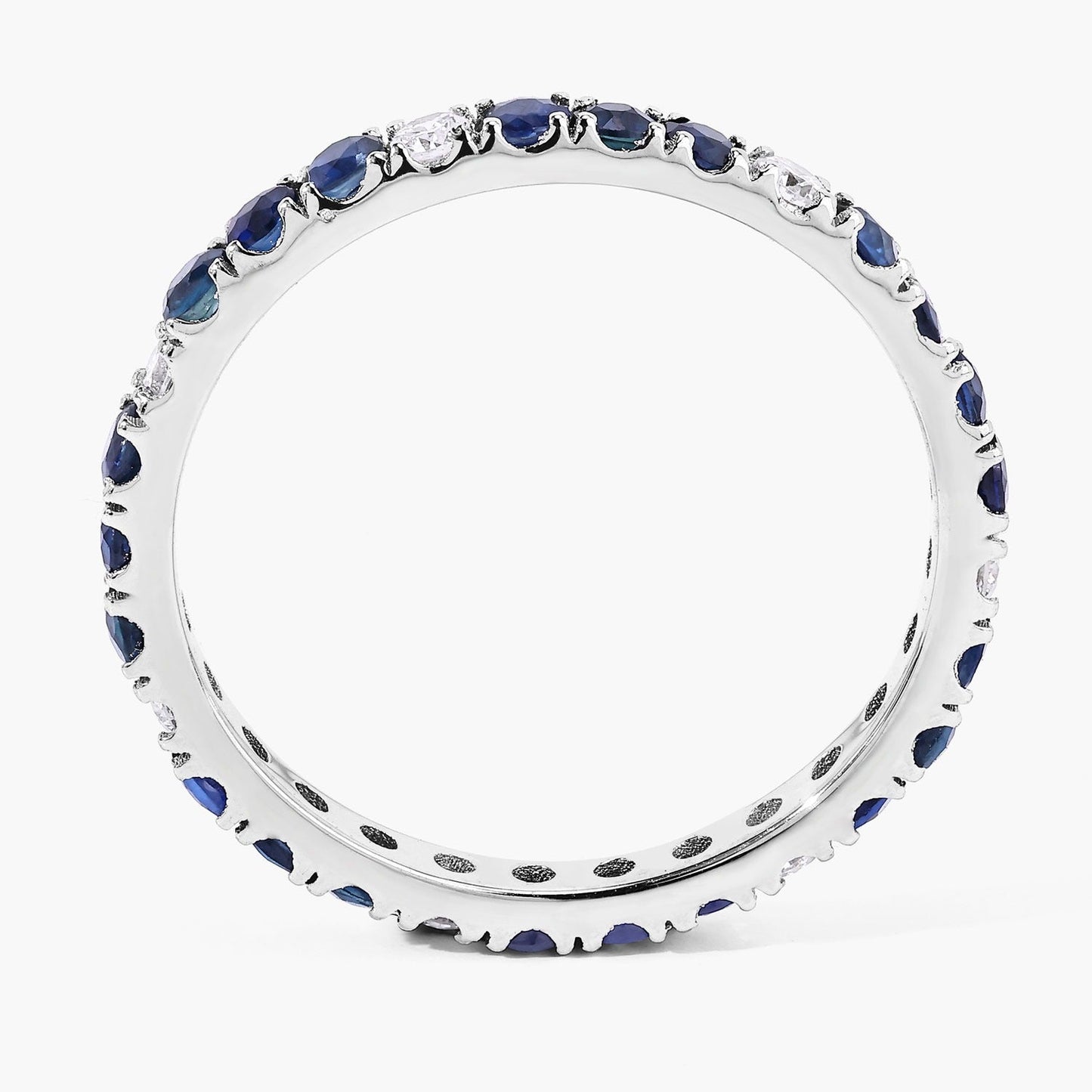 1.01 Ct Round Blue Sapphire and Lab Diamond Prong Silver Eternity Band Ring