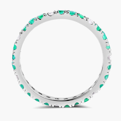 0.75 Ct Round Green Zambian Emerald and Lab Diamond Prong Silver Eternity Band Ring