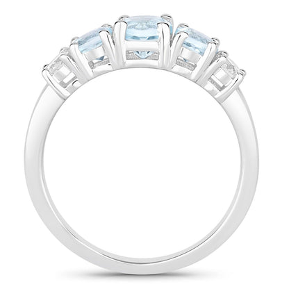 0.82 Ct Round Blue Aquamarine & Lab Diamond Prong Silver Five Stone Eternity Ring