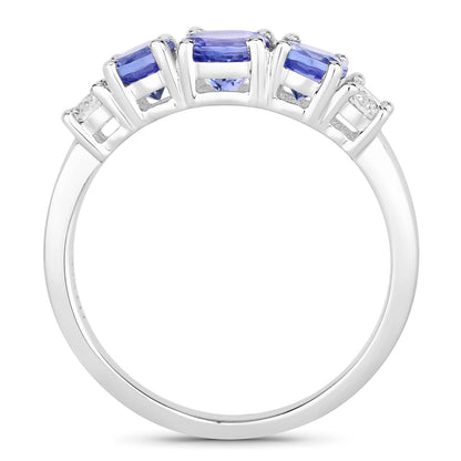 0.93 Ct Round Violet Tanzanite & Lab Diamond Prong Silver Five Stone Eternity Ring