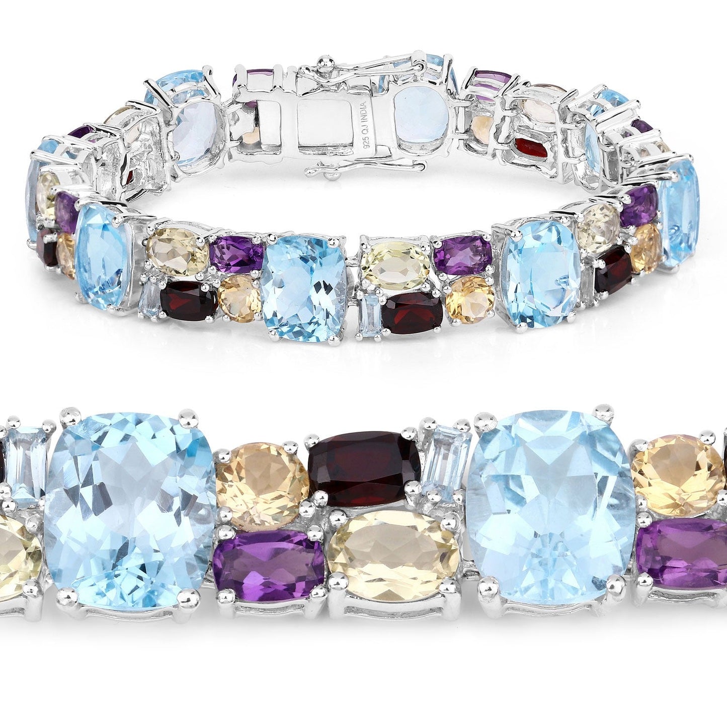 51.36 Cttw Multi-Color Gemstone Prong 925 Sterling Silver Link Bracelet