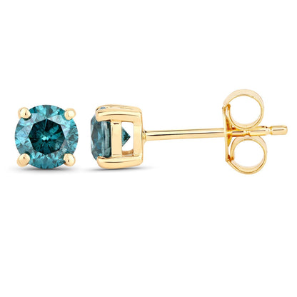 0.73 Cttw Round Teal Blue Diamond 14K Gold Solitaire Stud Earrings