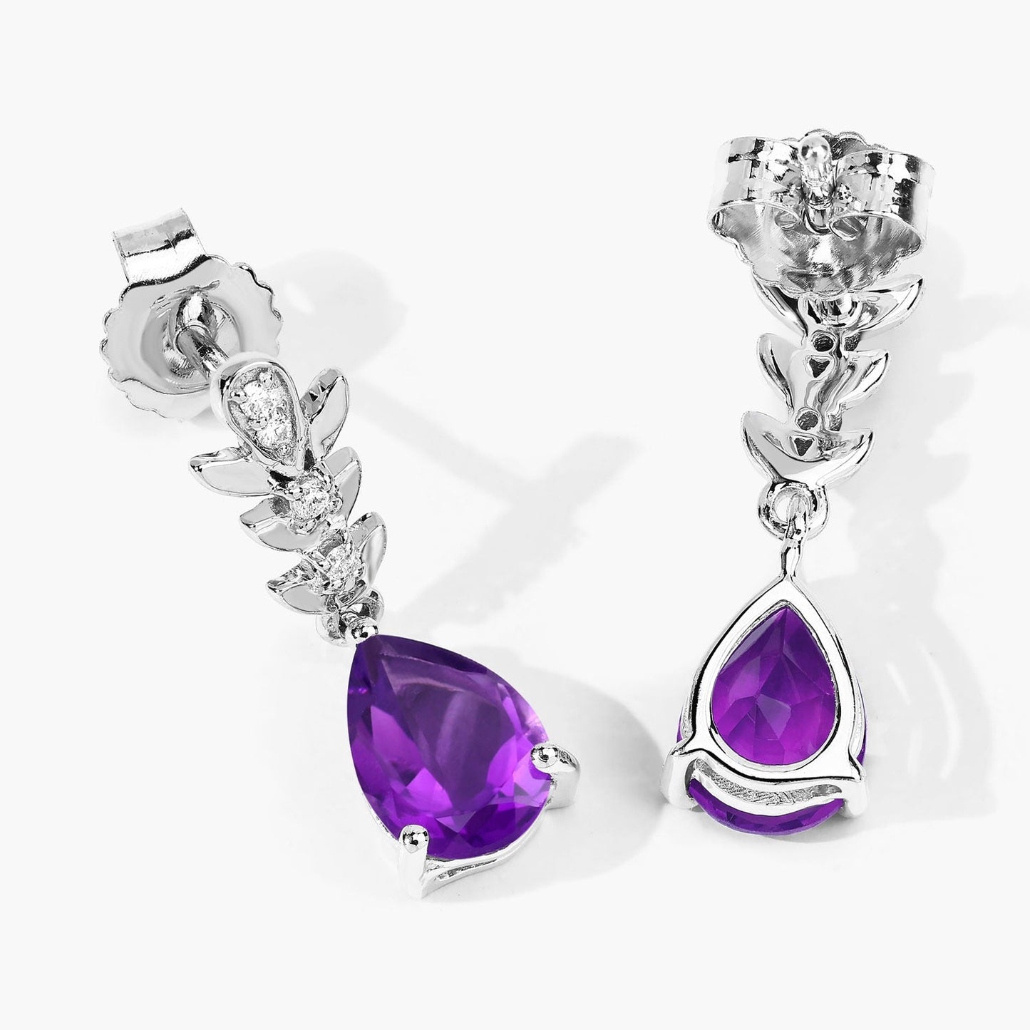2 Ct Pear Purple Amethyst & Lab Diamond Prong Silver Teardrop Dangle Earrings