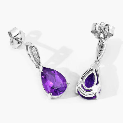 2.70 Ct Pear Purple Amethyst & Lab Diamond V-Prong Silver Teardrop Dangle Earrings