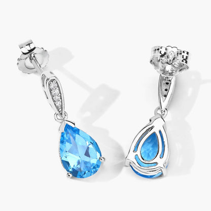 3.80 Ct Pear Swiss Blue Topaz & Lab Diamond V-Prong Silver Teardrop Dangle Earrings