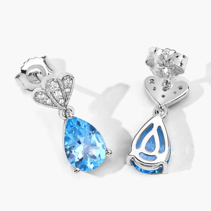 3.80 Ct Pear Swiss Blue Topaz & Lab Diamond Prong Silver Teardrop Dangle Earrings