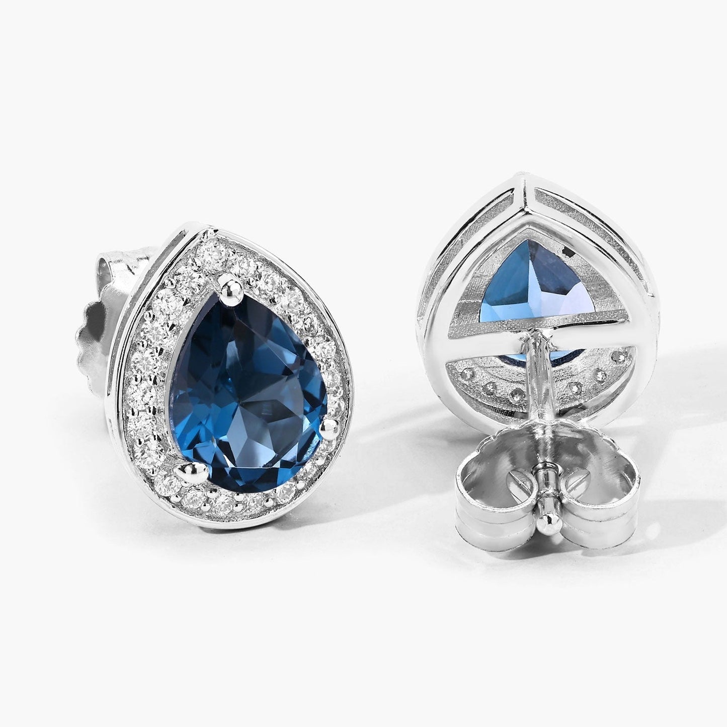2.30 Ct Pear London Blue Topaz & Lab Diamond Prong Silver Halo Stud Earrings