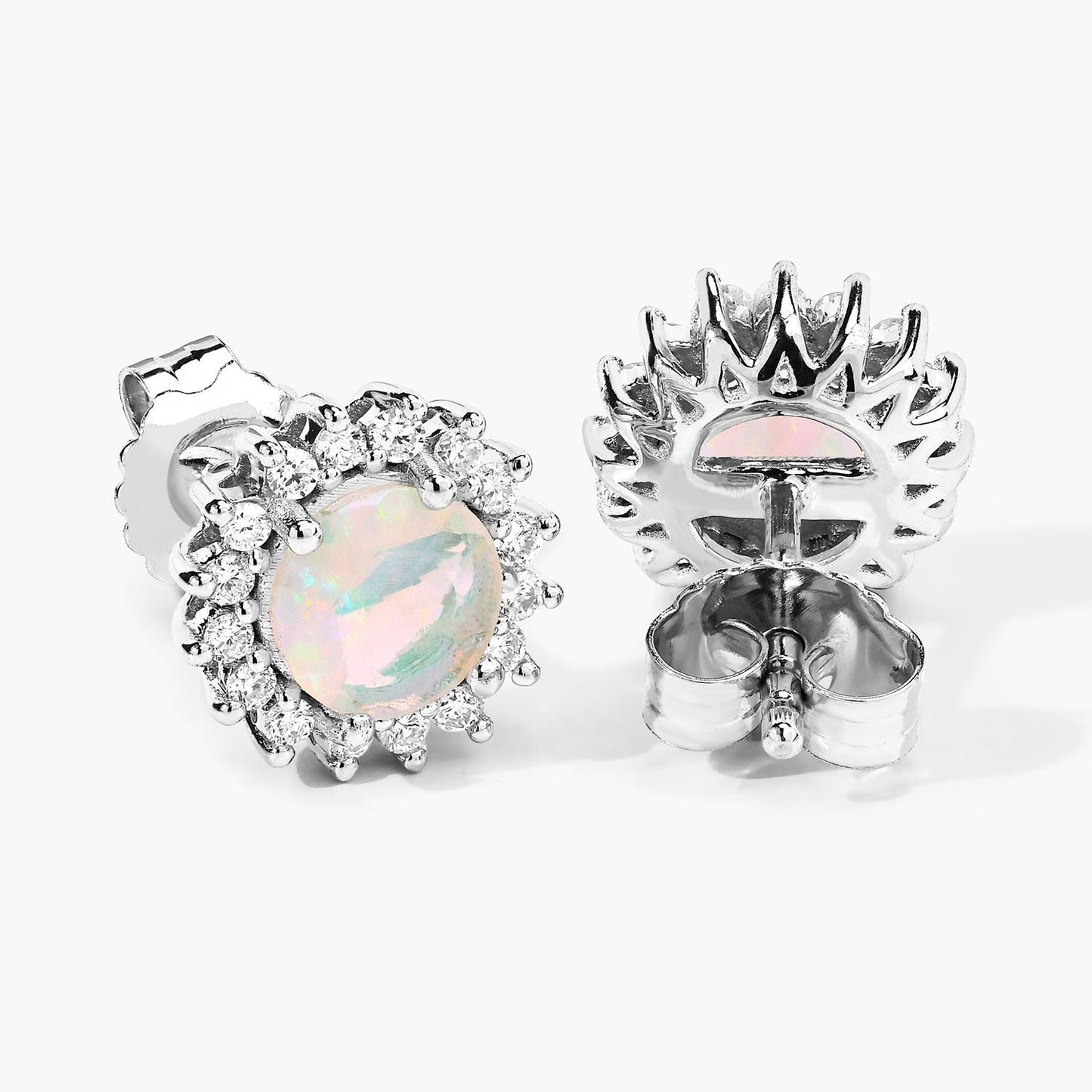 1.00 Ct Round White Ethiopian Opal & Lab Diamond Prong Silver Halo Stud Earrings
