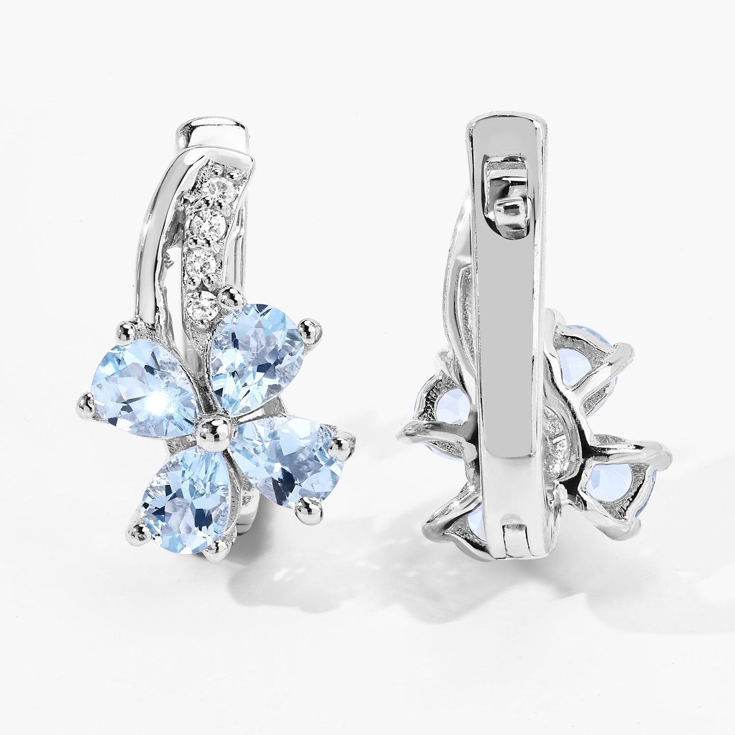 0.96 Ct Pear Blue Aquamarine & Lab Diamond Prong Silver Flower Drop Earrings