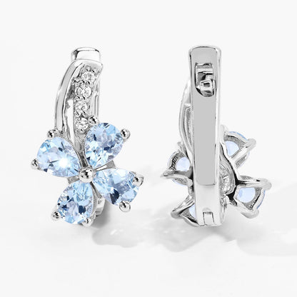 0.96 Ct Pear Blue Aquamarine & Lab Diamond Prong Silver Flower Drop Earrings