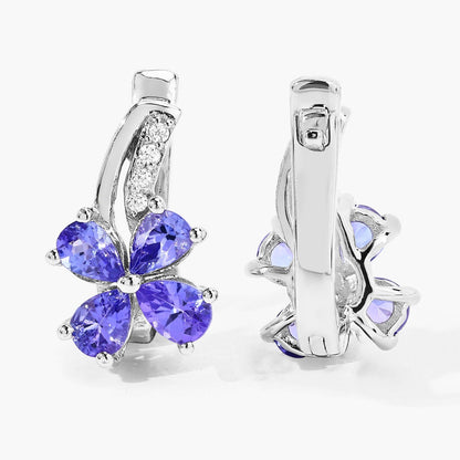 1.12 Ct Pear Violet Tanzanite & Lab Diamond Prong Silver Flower Drop Earrings