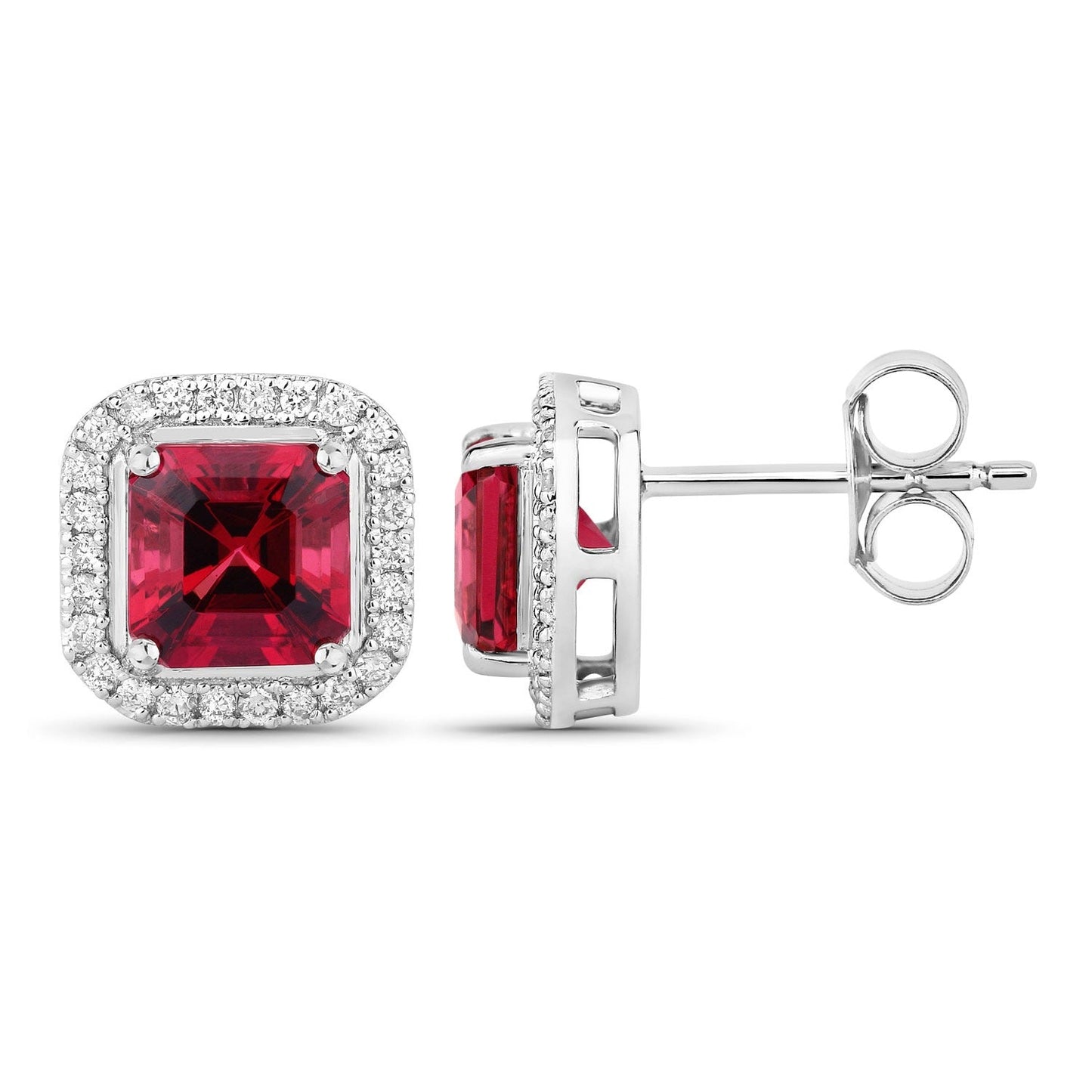 2.48 Ct Octagon Red Rubellite & Lab Diamond Prong 14K Gold Stud Earrings