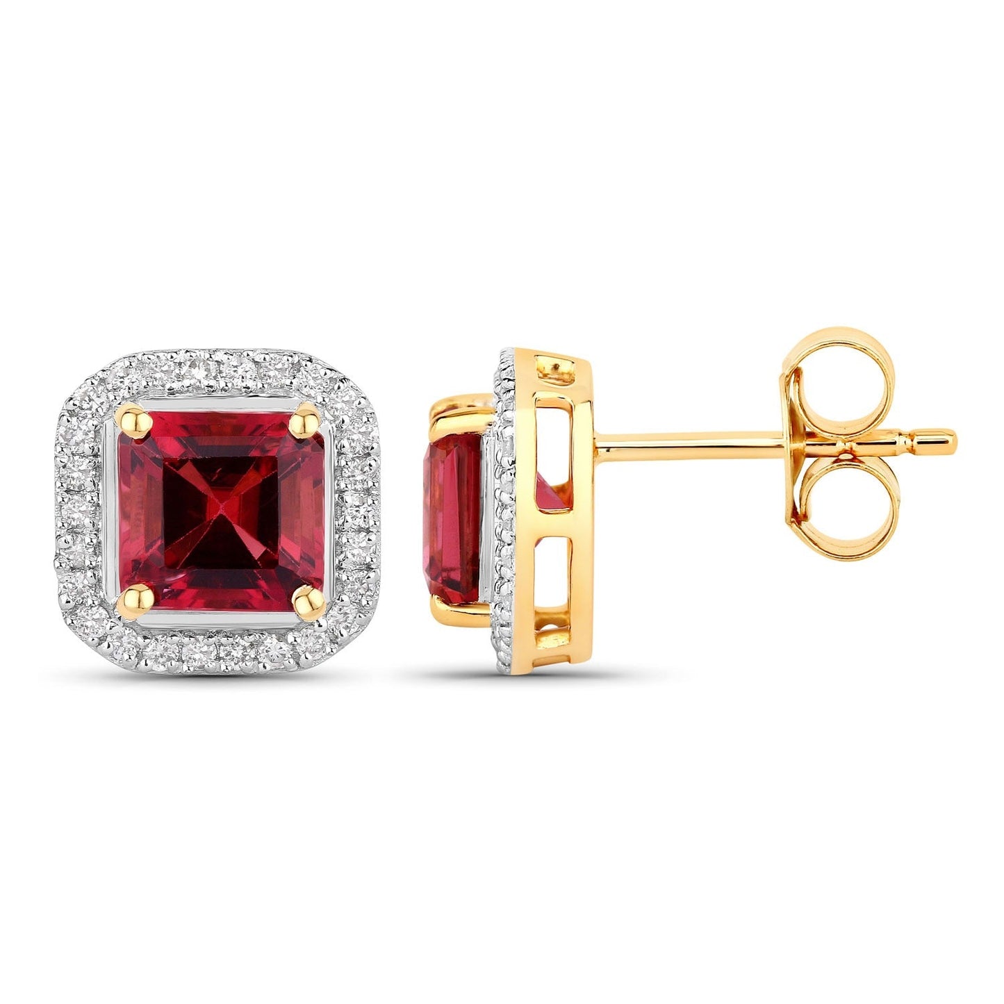 2.48 Ct Octagon Red Rubellite & Lab Diamond Prong 14K Gold Stud Earrings
