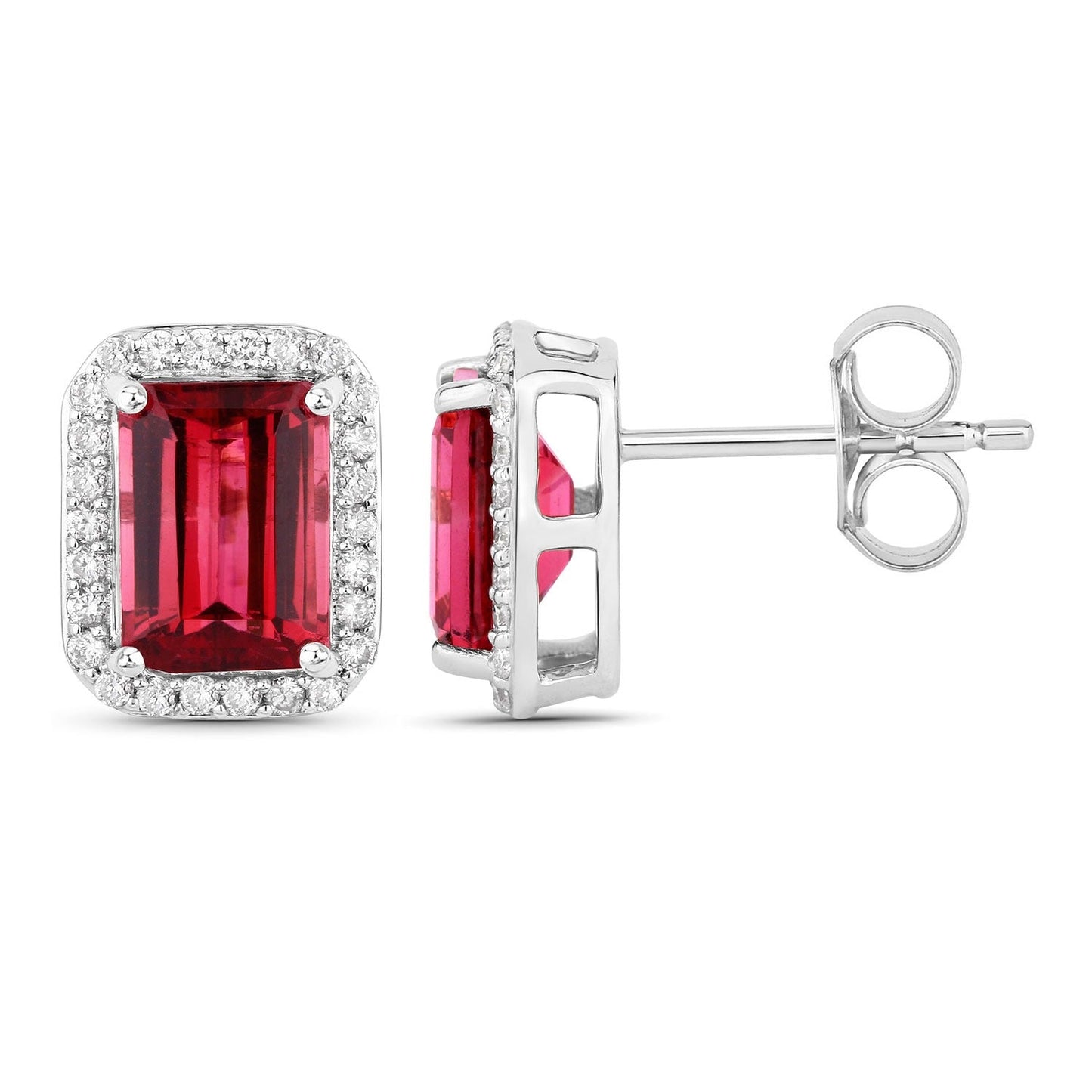 2.84 Ct Octagon Red Rubellite & Lab Diamond Prong 14K Gold Stud Earrings