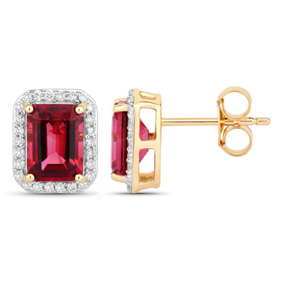 2.84 Ct Octagon Red Rubellite & Lab Diamond Prong 14K Gold Stud Earrings