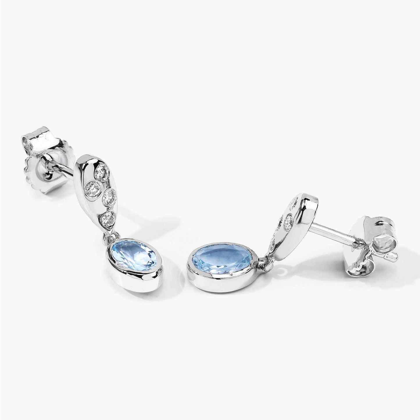 0.80 Ct Oval Blue Aquamarine & Lab Diamond Bezel Silver Dangle Earrings