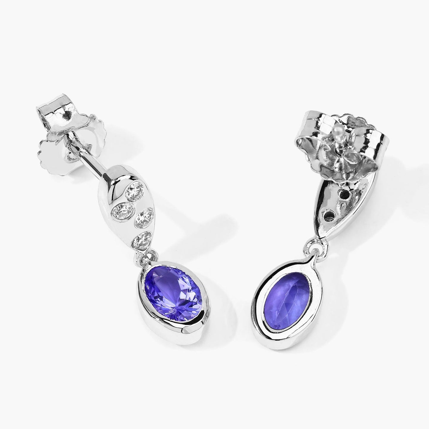 0.88 Ct Oval Violet Tanzanite & Lab Diamond Bezel Silver Dangle Earrings