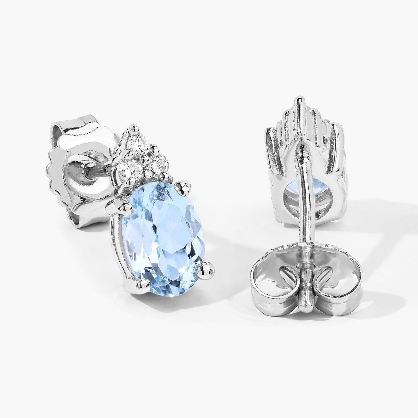 1.20 Ct Oval Blue Aquamarine & Lab Diamond Prong Silver Stud Earrings