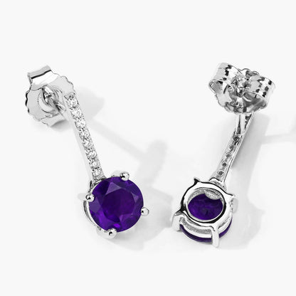 1.46 Ct Round Purple Amethyst & Lab Diamond Prong Silver Dangle Earrings