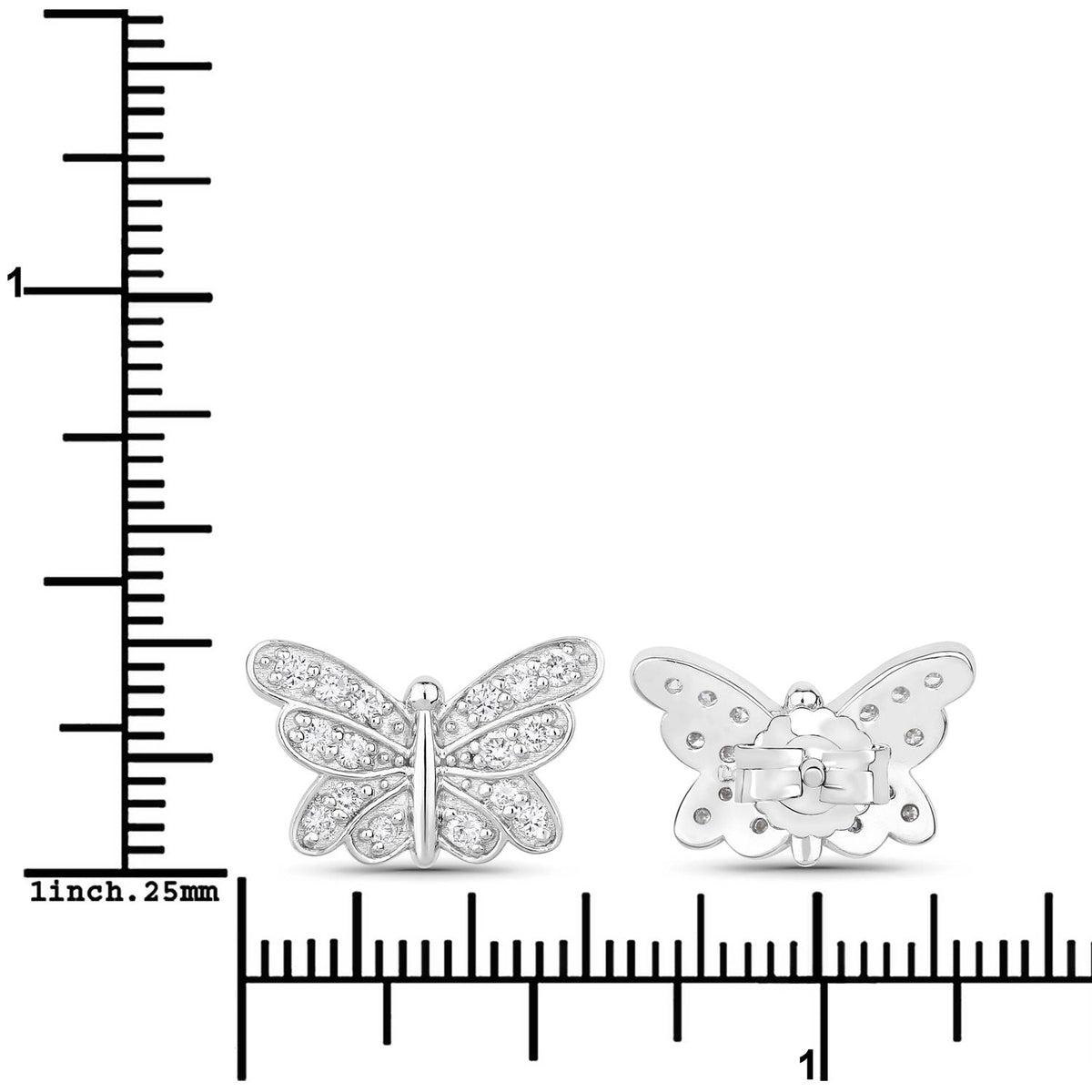 0.52 Cttw Round White Lab Diamond Pavé Rhodium Plated Silver Butterfly Stud Earrings