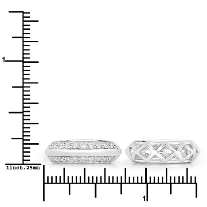 1.00 Cttw Round White Lab Diamond Pavé Rhodium Plated Silver Double Row Huggie Hoop Earrings