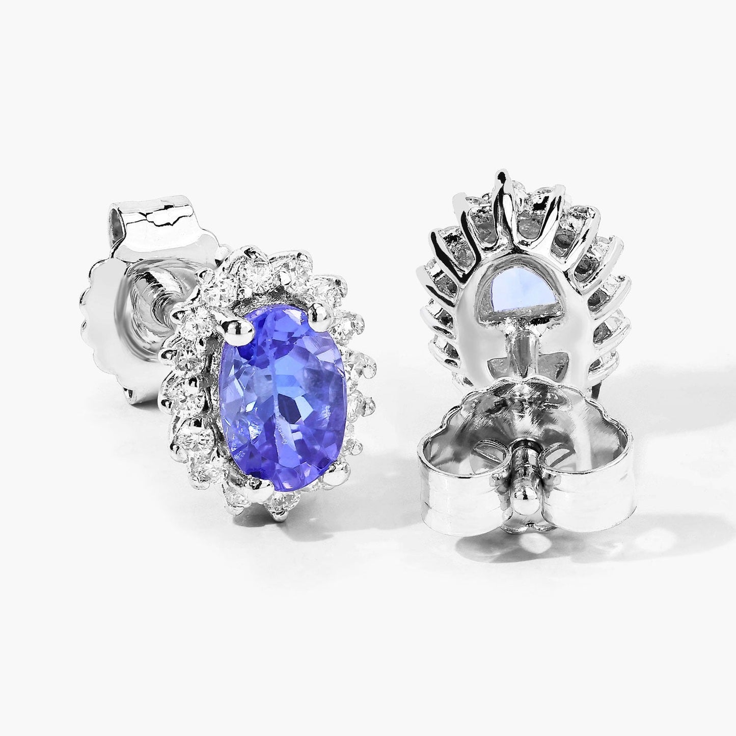 0.88 Ct Oval Violet Tanzanite & Lab Diamond Prong Silver Halo Basket Stud Earrings
