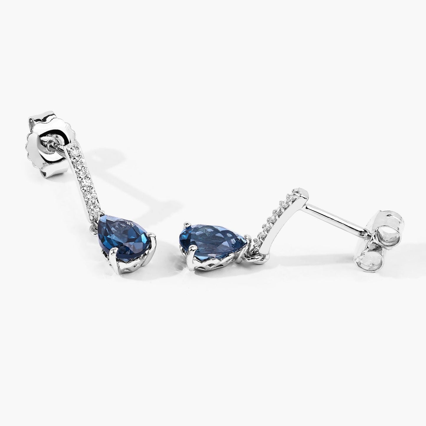 1.70 Ct Pear London Blue Topaz & Lab Diamond Prong Silver Teardrop Dangle Earrings