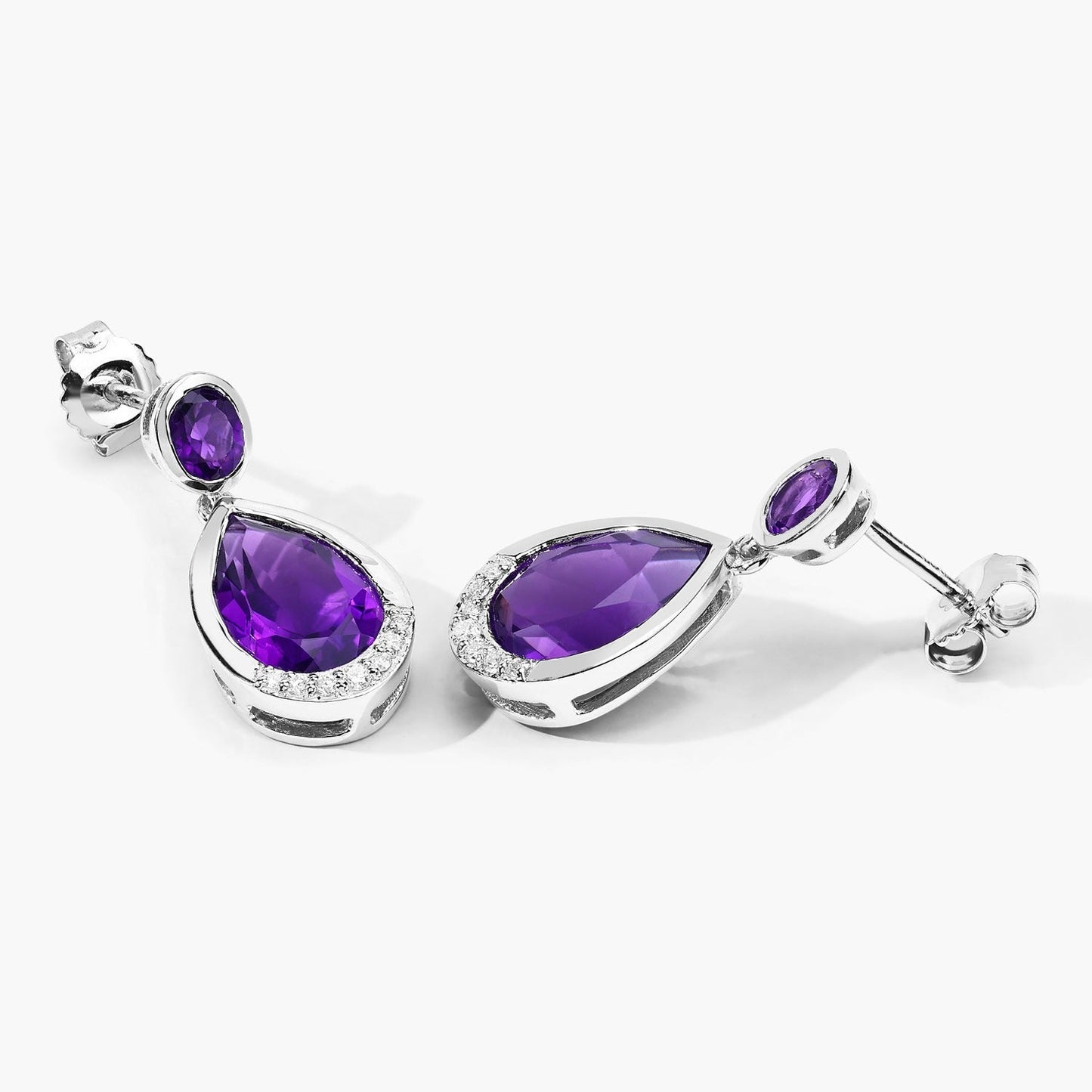 Purple Amethyst & Lab Grown Diamond Bezel Silver Dangle Earrings
