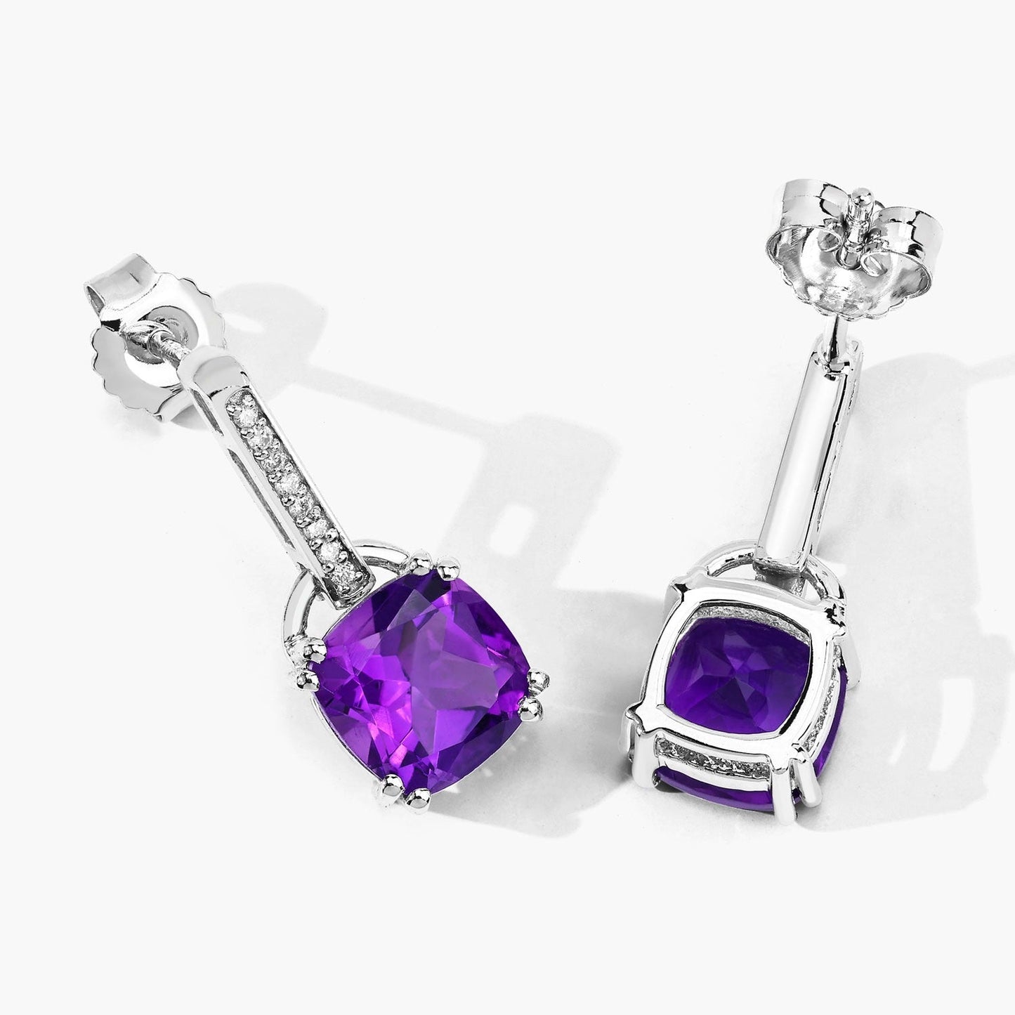 3.60 Ct Cushion Purple Amethyst & Lab Diamond Prong Silver Dangle Earrings