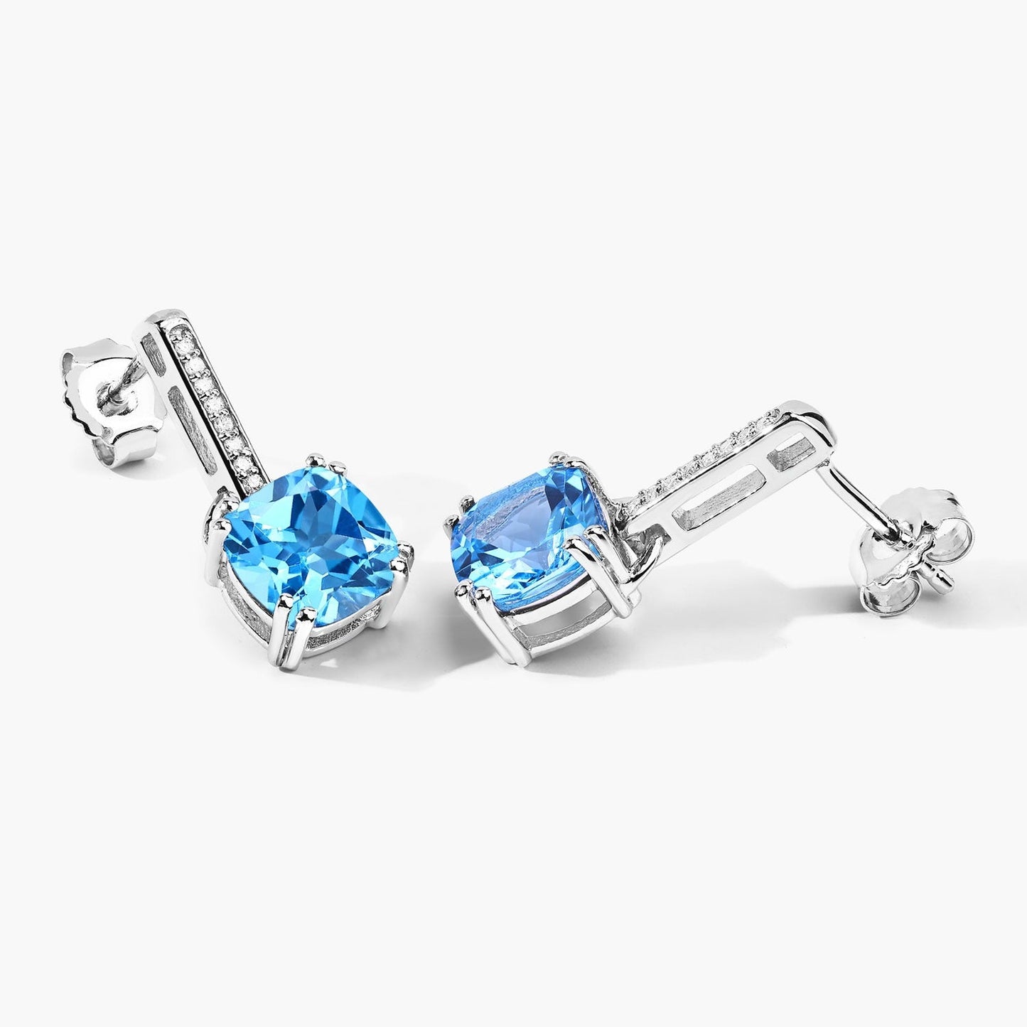 4.60 Ct Cushion Swiss Blue Topaz & Lab Diamond Prong Silver Dangle Earrings