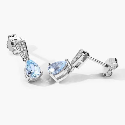 1.20 Ct Pear Blue Aquamarine & Lab Diamond Prong Silver Teardrop Dangle Earrings