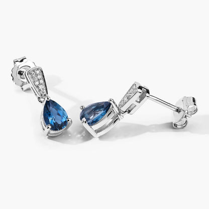 1.70 Ct Pear Deep Blue London Blue Topaz & Diamond Prong Silver Teardrop Dangle Earrings