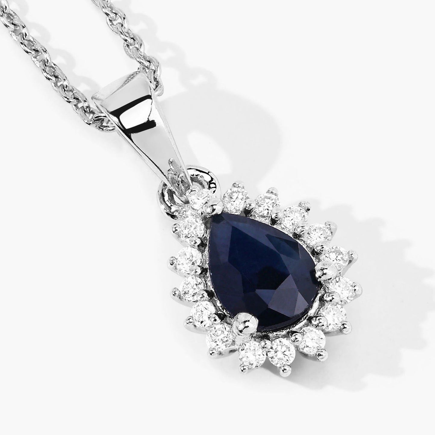 0.80 Ct Pear Blue Sapphire and Lab Diamond Prong Silver Halo teardrop pendant Necklace