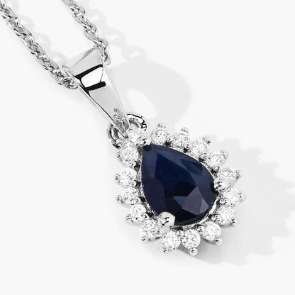 0.80 Ct Pear Blue Sapphire and Lab Diamond Prong Silver Halo teardrop pendant Necklace