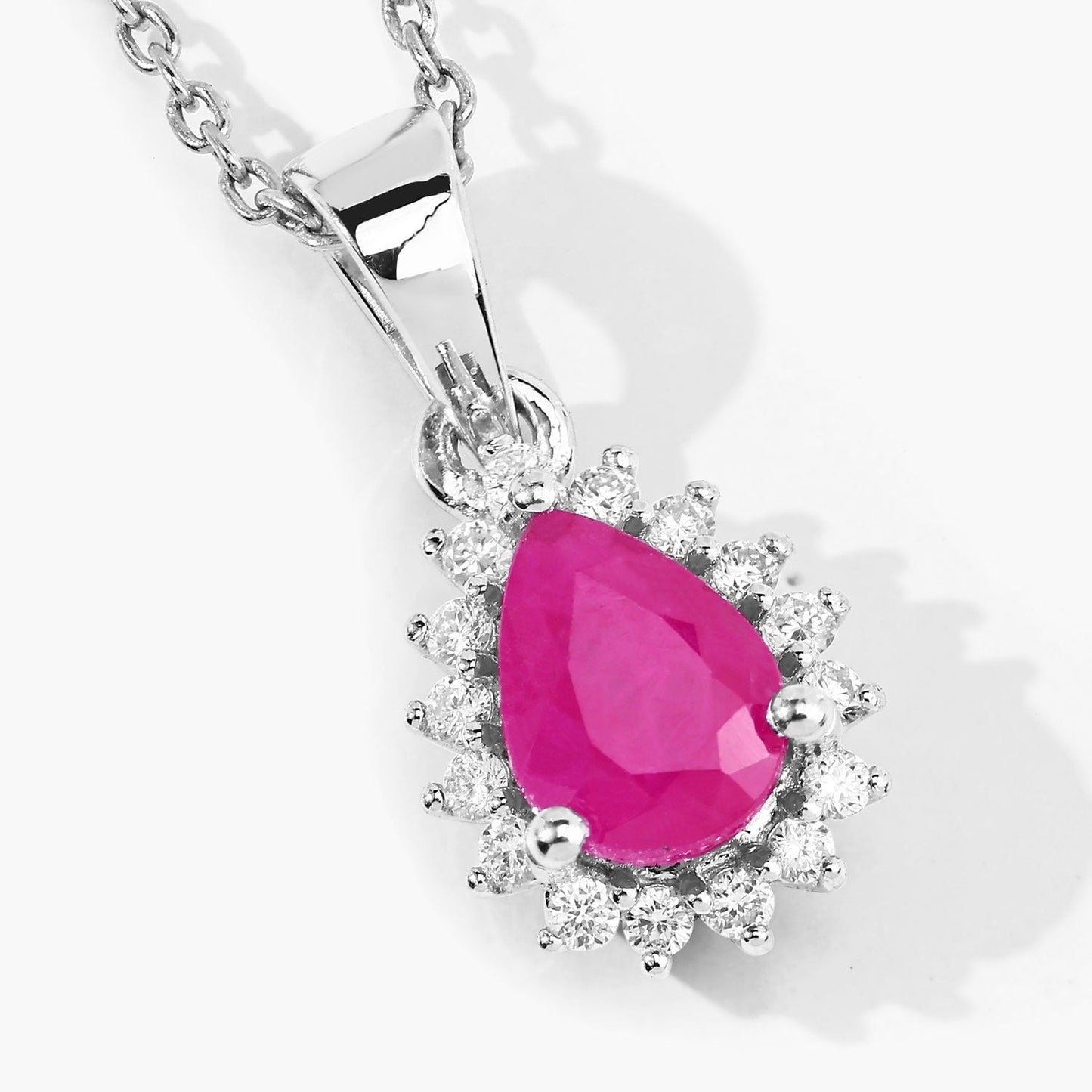 0.80 Ct Pear Pink Ruby and Lab Diamond Prong Silver Halo teardrop pendant Necklace