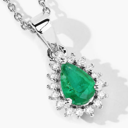 0.65 Ct pear Green Zambian Emerald and Lab Diamond Prong Silver Halo teardrop pendant Necklace