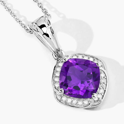 1.80 Ct Cushion Purple Amethyst and Lab Diamond Prong Silver Halo pendant Necklace