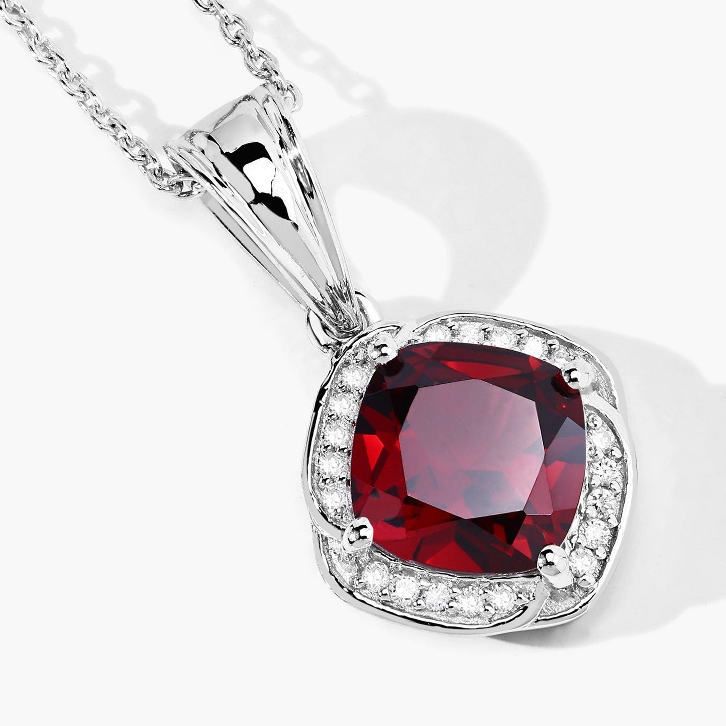 2.35 Ct Cushion Red Garnet and Lab Diamond Prong Silver Halo pendant Necklace