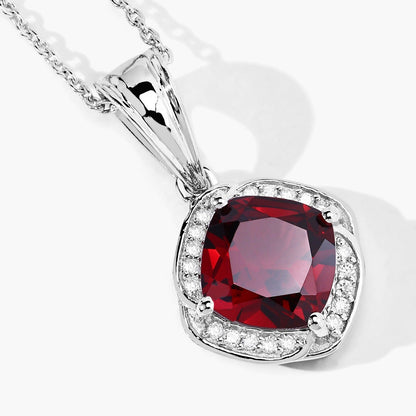 2.35 Ct Cushion Red Garnet and Lab Diamond Prong Silver Halo pendant Necklace