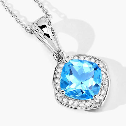 2.30 Ct Cushion Swiss Blue Topaz and Lab Diamond Prong Silver Halo pendant Necklace